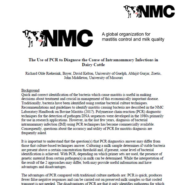 The Use of PCR to Diagnose the Cause of Intramammary Infections in Dairy Cattle