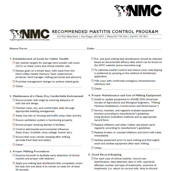 NMC Recommended Mastitis Control Program: North American Version